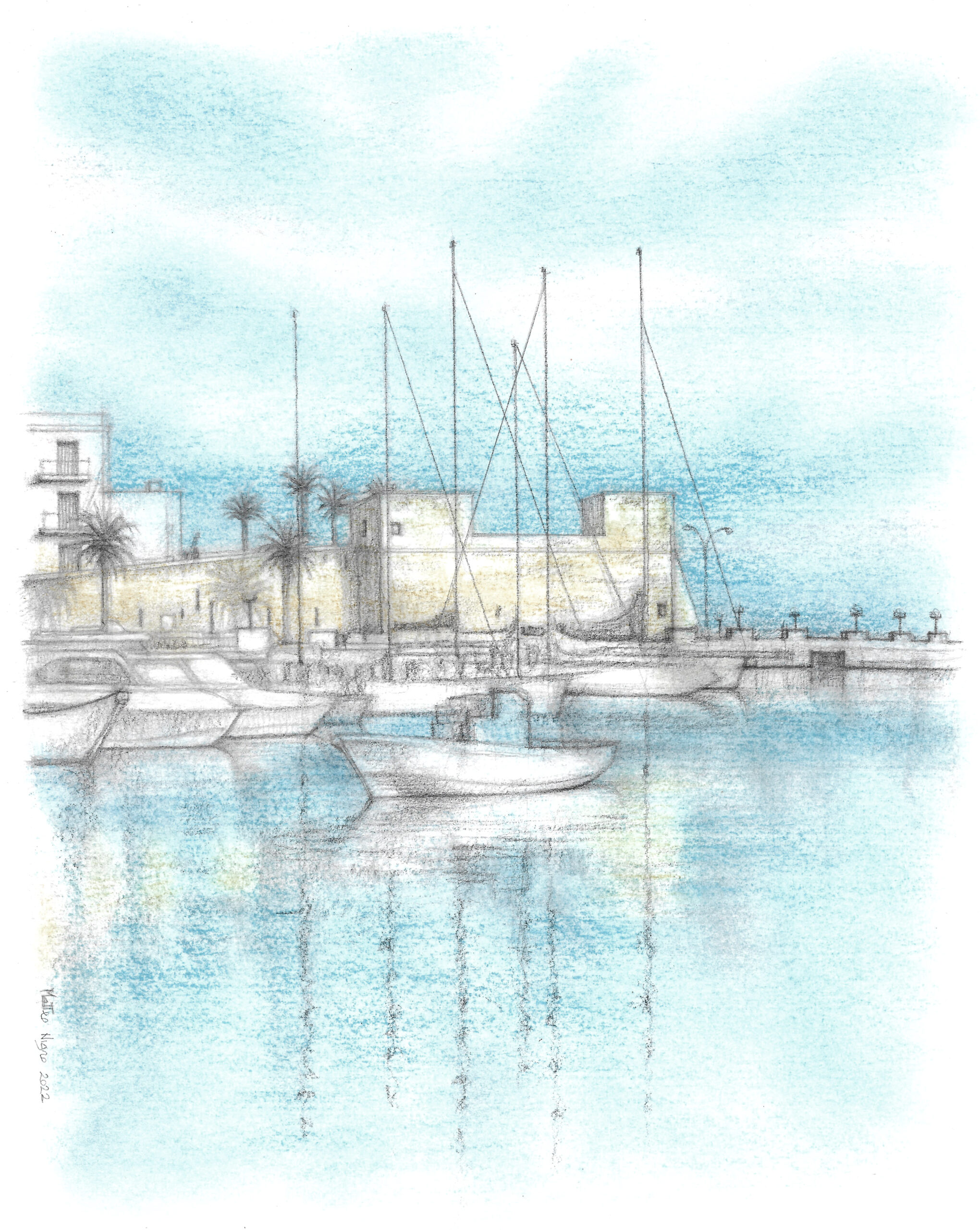 drawing of the Castle seen from the sea, in Bari, Puglia, Italy