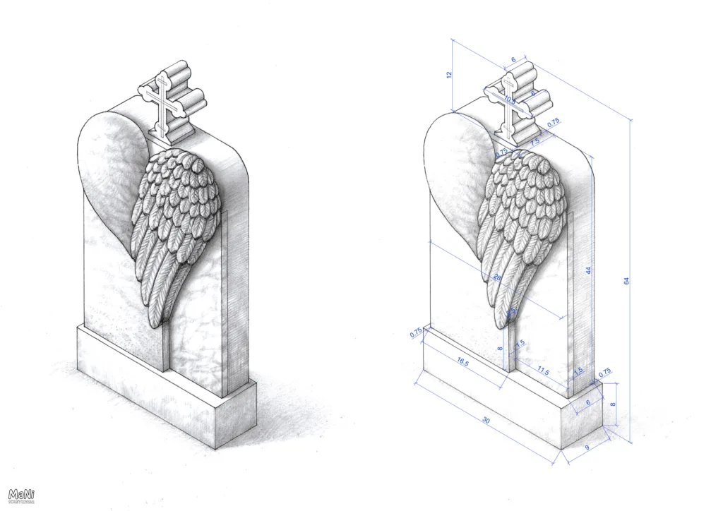 Design of a tombstone. Architecture and landscape illustration.