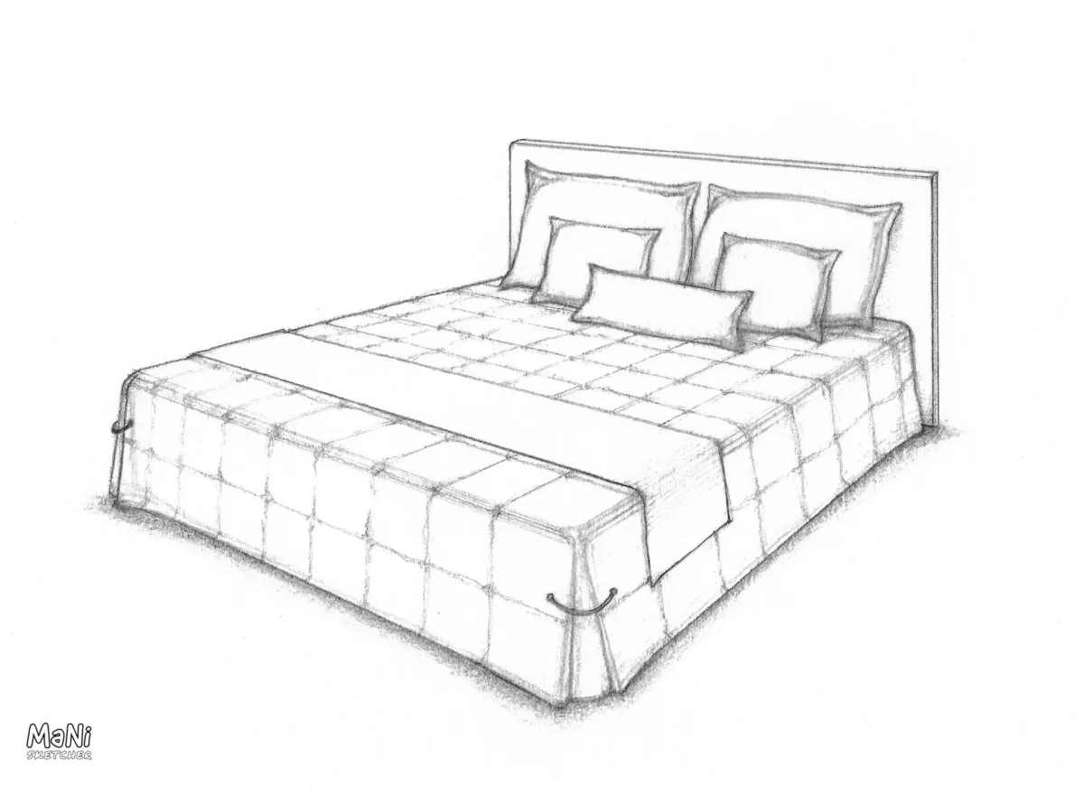 Perspectiva arquitetônica de uma cama para design de interiores