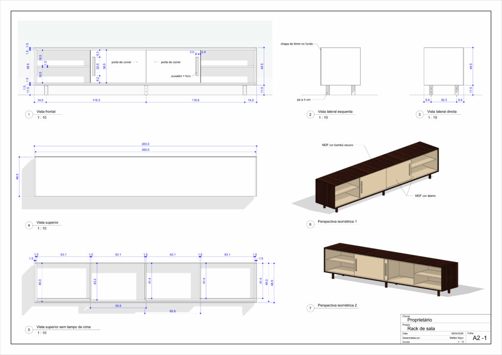 projeto e detalhamento de móveis planejados - rack de sala